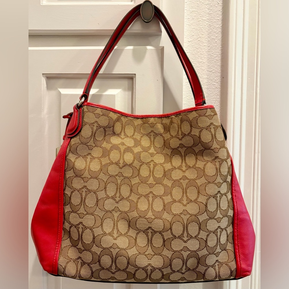 EUC! COACH SIGNATURE CANVAS SHOULDER BAG WITH RED LEATHER TRIM
NO CALLOUTS - Picture 3 of 16